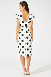Black Polka Dot Midi Dress Plunge Ruffle Shoulder Oversized Polka