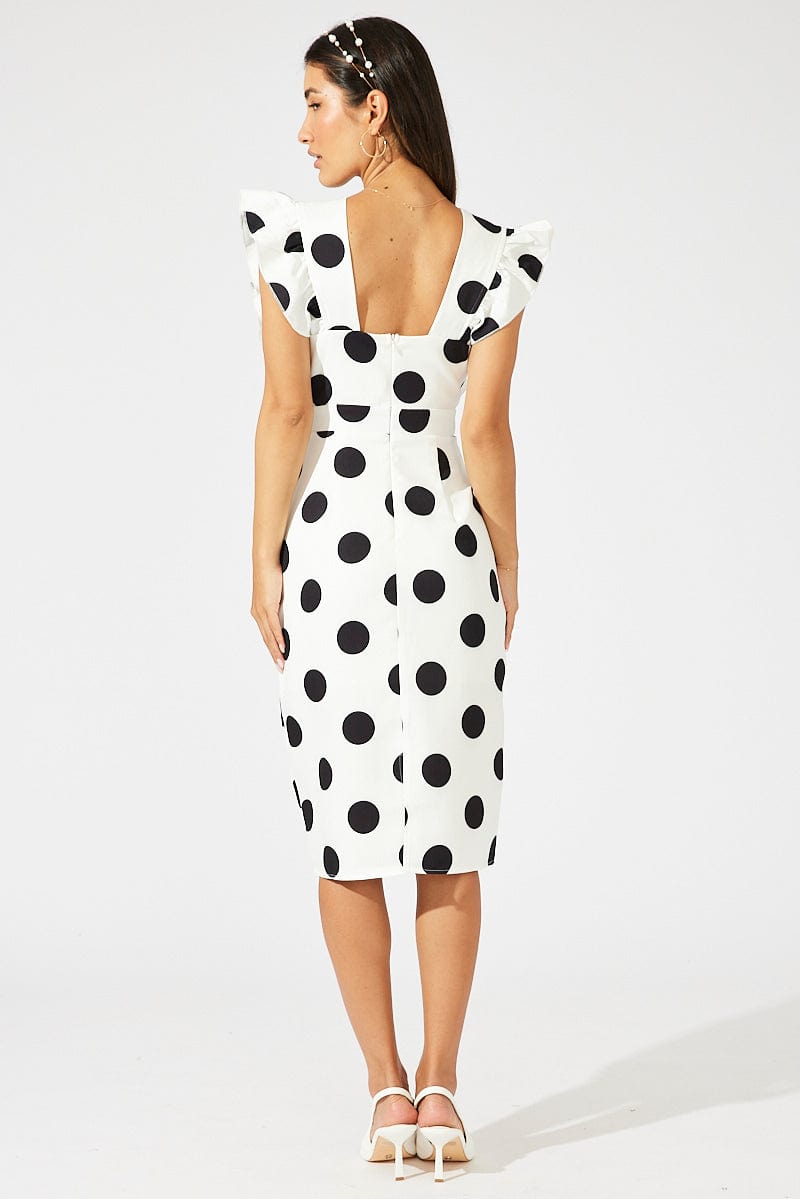Black Polka Dot Midi Dress Plunge Ruffle Shoulder Oversized Polka