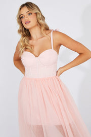 Pink Midi Dress Tulle Corset Detail Occasion Dress