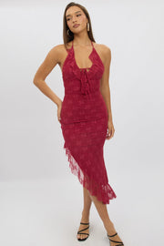 Red Bodycon Dress Ruffle Halter Neck