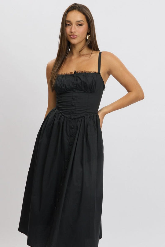 Black Midi Dress Lace Trim Corset Detail Poplin