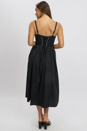 Black Midi Dress Lace Trim Corset Detail Poplin