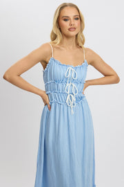 Blue Midi Dress Contrast Tie