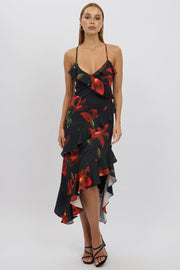Black Floral Midi Dress Ruffle Detail