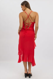 Red Midi Dress Ruffle Detail