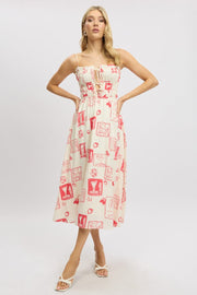 Red Abstract Midi Dress Ribbon Detail Strappy