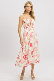 Red Abstract Midi Dress Ribbon Detail Strappy
