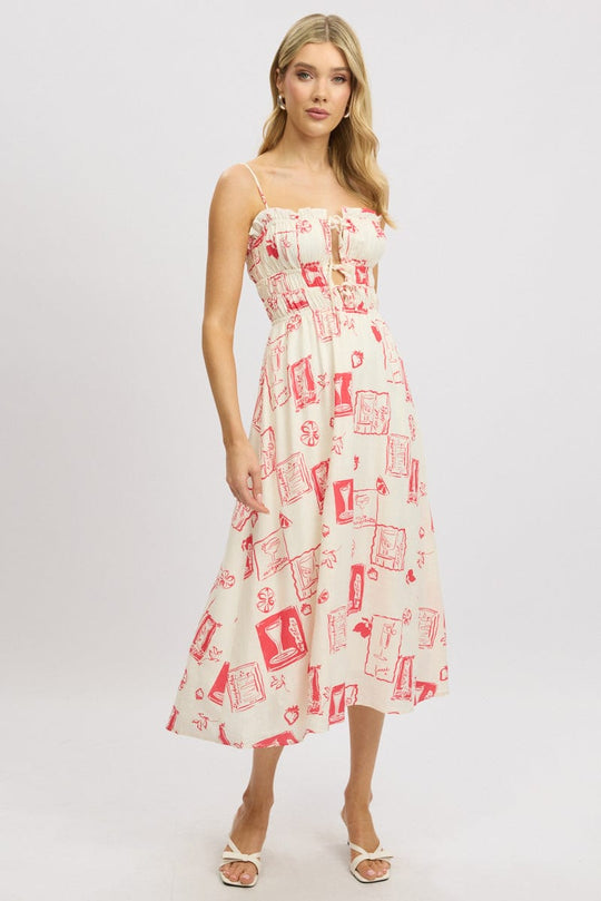 Red Abstract Midi Dress Ribbon Detail Strappy
