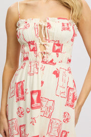 Red Abstract Midi Dress Ribbon Detail Strappy