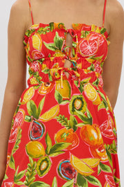 Red Abstract Midi Dress Ribbon Detail Strappy