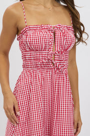 Red Check Midi Dress Ribbon Detail Strappy