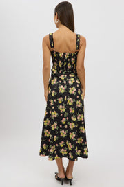 Black Floral Midi Dress Corset Detail