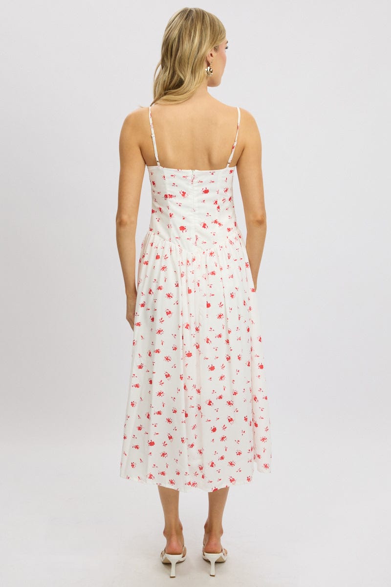 White Floral Midi Dress Corset Detail
