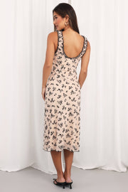 Beige Floral Midi Dress Mesh