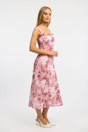 Pink Floral Midi Dress Gathered Bust Mesh