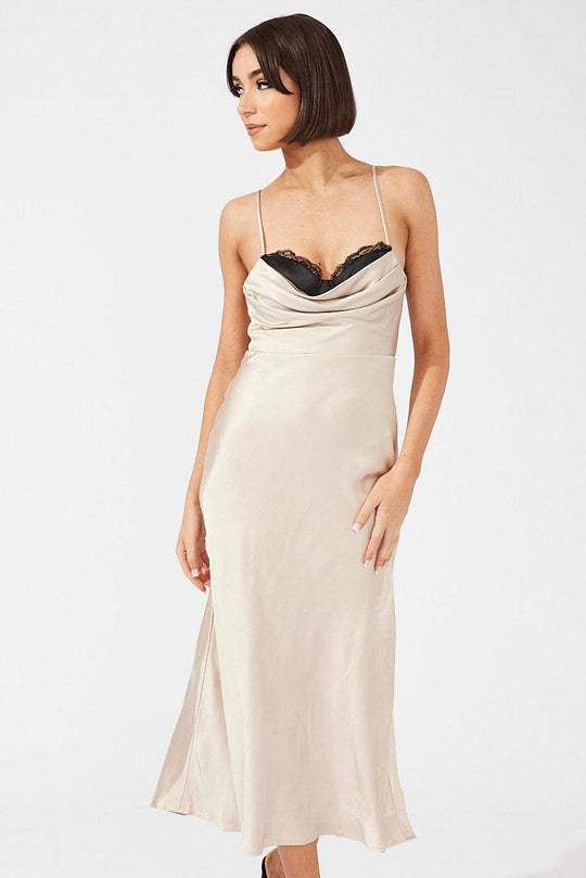 Beige Midi Dress Sleeveless Cowl Neck Satin Slip Lace