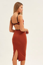 Brown Midi Dress Adjustable Straps Cut Out Jersey Rib