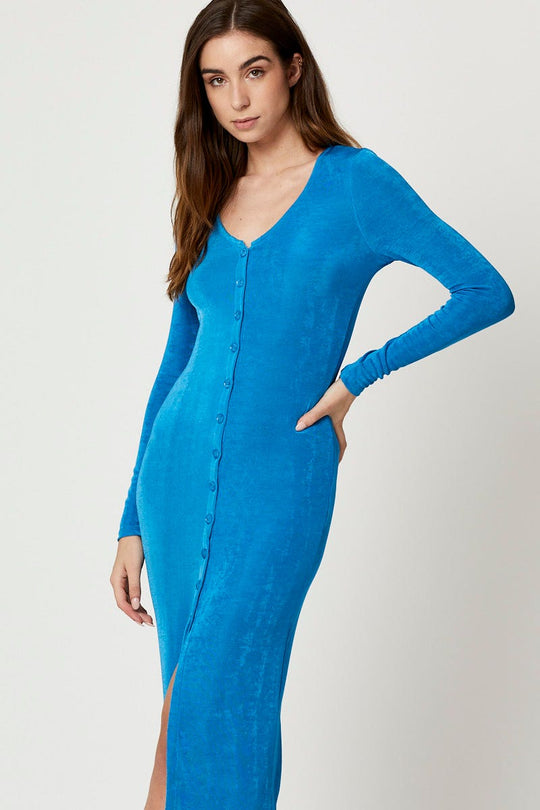Blue Button Front Slinky Midi Dress