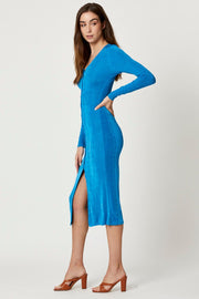 Blue Button Front Slinky Midi Dress