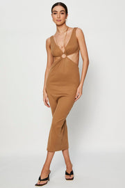 Brown Midi Dress Ribbed Cut Out