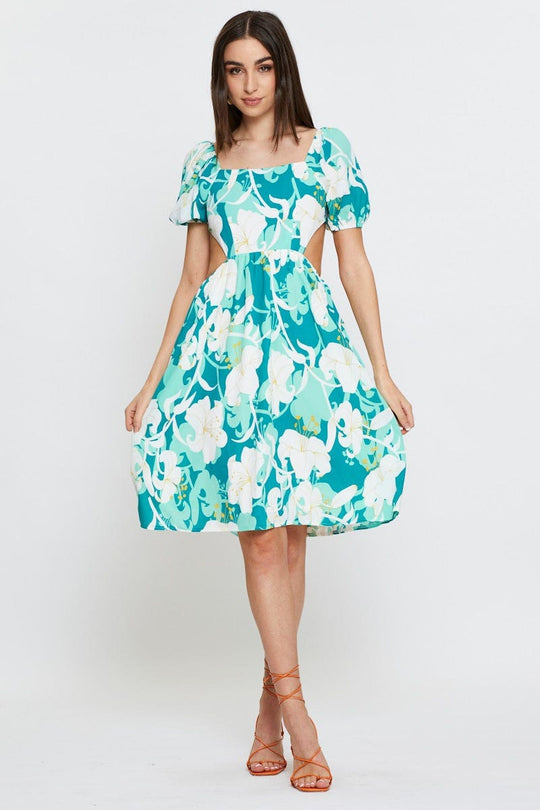 Print Midi Dress Ruffle Detail Skater