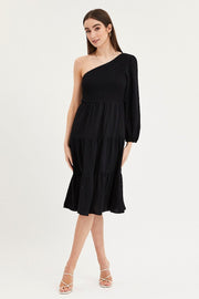 Black Dress One Shoulder Midi