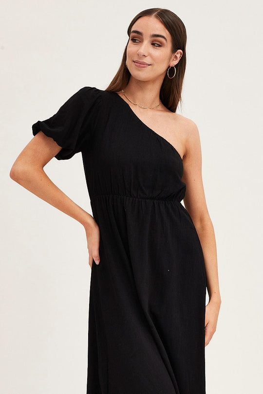 Black One Shoulder Midi Dress