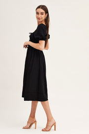 Black Short Sleeve Ruched Midi Dress