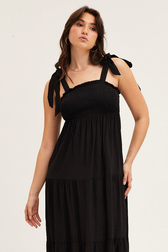 Black Tied Shoulder Tiered Midi Dress