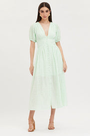 Check Puff Sleeve Midi Dress