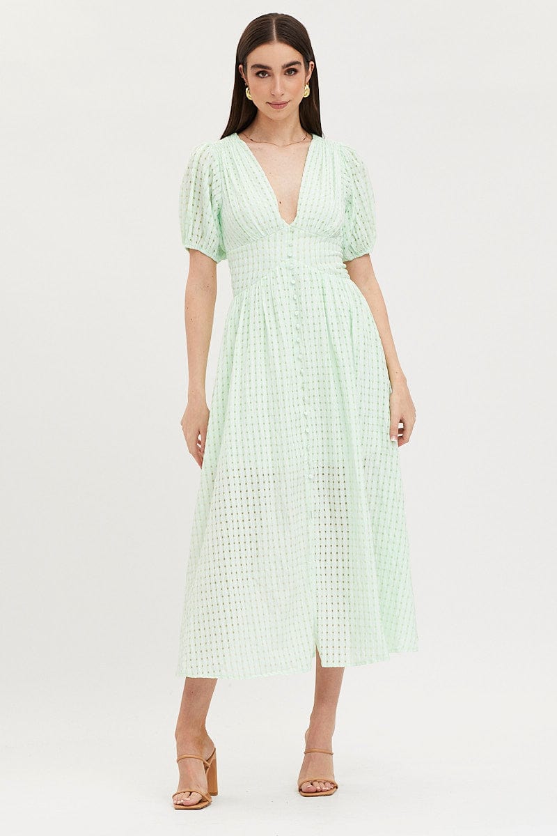 Check Puff Sleeve Midi Dress