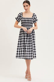Check Shirred Dress Short Sleeve Midi