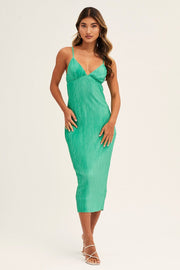 Green Slip Dress Midi Plisse Satin