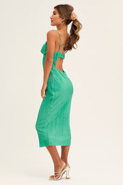 Green Slip Dress Midi Plisse Satin