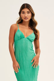 Green Slip Dress Midi Plisse Satin