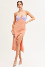 Multi Slip Dress Midi V Neck Colour Block Satin