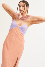 Multi Slip Dress Midi V Neck Colour Block Satin