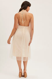 Beige Midi Dress Backless V Neck Lace