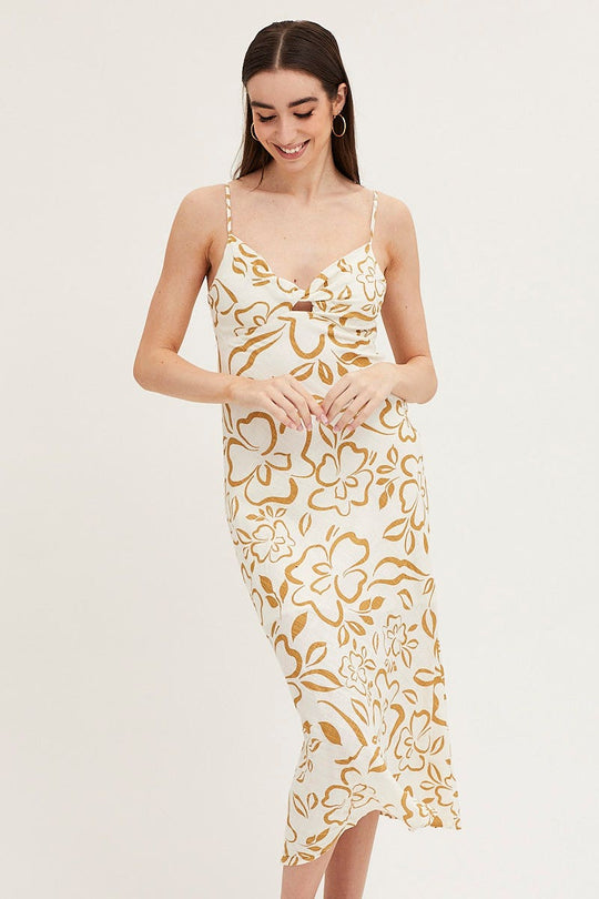 Print Linen Slip Midi Dress