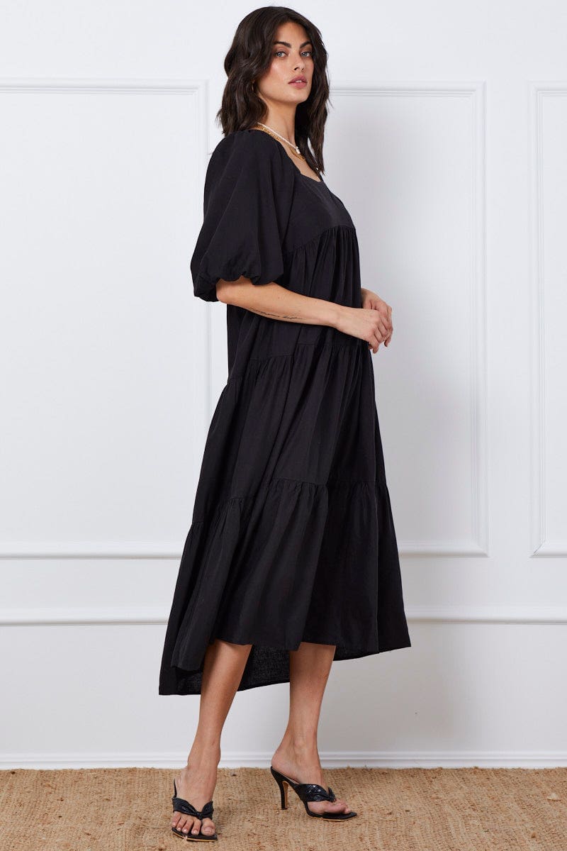 Black Midi Dress Short Sleeve Square Neck